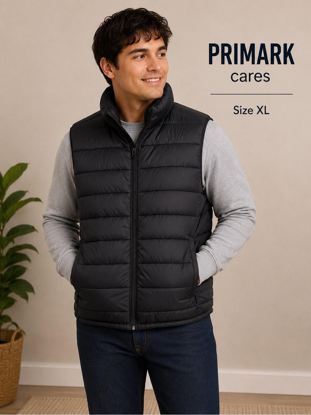 PRIMARK Cares Black Quilted Puffer Vest Men’s Size XL Full Zip Lightweight